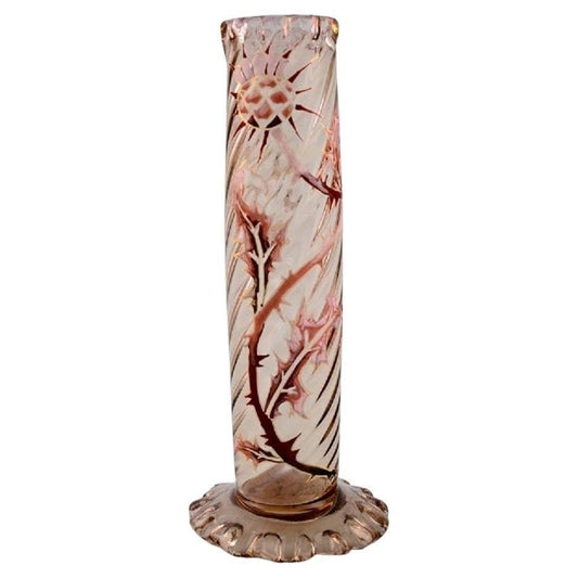 Clear Frosted Art Glass Vase with Thistle Pattern by Emile Gallé