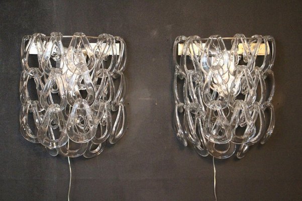 Clear Murano Glass Wall Lights by Angelo Mangiarotti for Vistosi, 1970s, Set of 2-YF-1420550