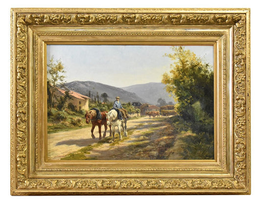 Clément Quinton, Landscape with Horses, 1880, Oil on Canvas, Framed