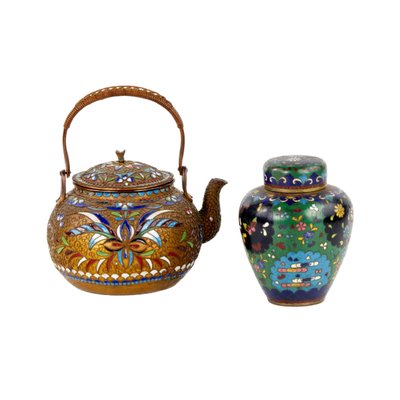 Cloisonne Enamel teapot with Wicker Handle and Cloisonné Caddy for Tea Ceremony, Set of 2-WMV-1225949