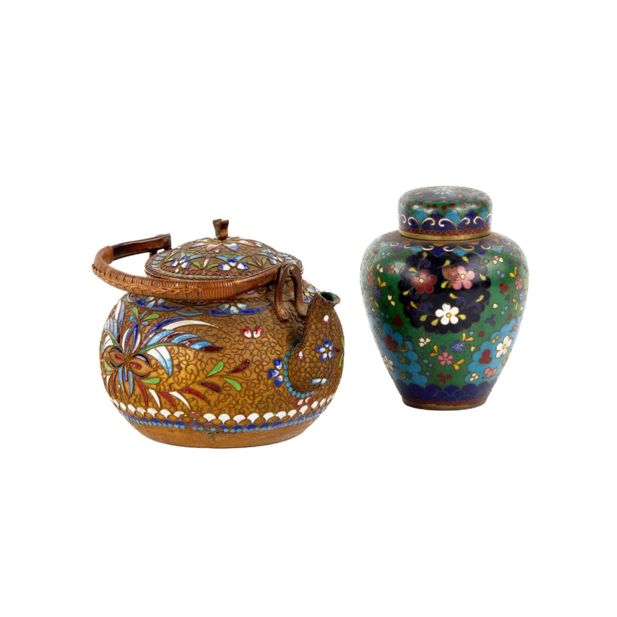 Cloisonne Enamel teapot with Wicker Handle and Cloisonné Caddy for Tea Ceremony, Set of 2