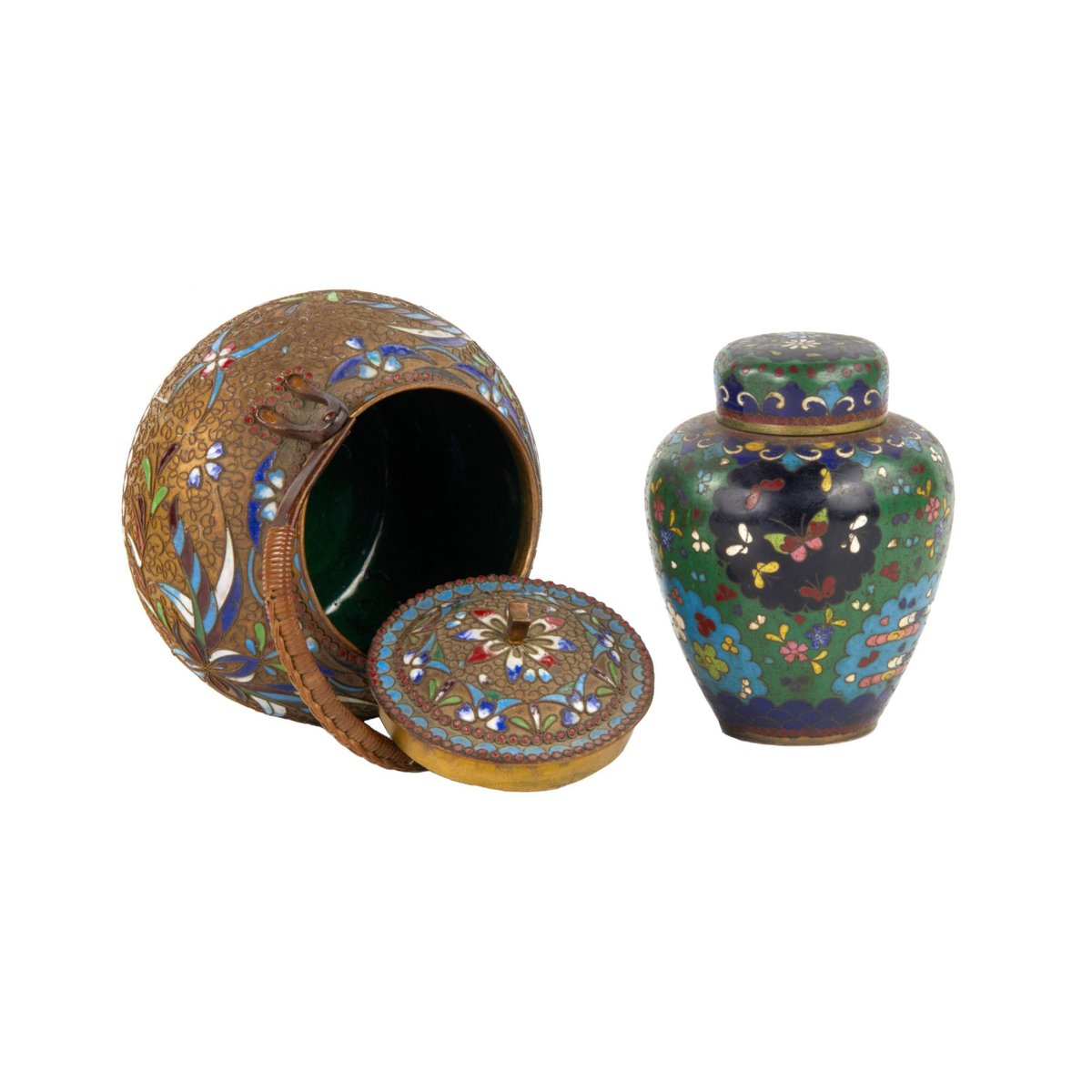 Cloisonne Enamel teapot with Wicker Handle and Cloisonné Caddy for Tea Ceremony, Set of 2