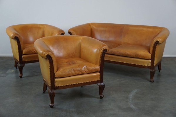 Club Armchairs and Sofa in Cognac Leather, Set of 3-HPP-1823352