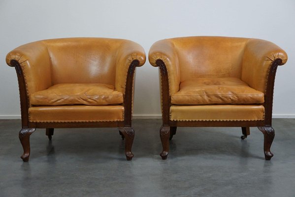 Club Armchairs and Sofa in Cognac Leather, Set of 3-HPP-1823352