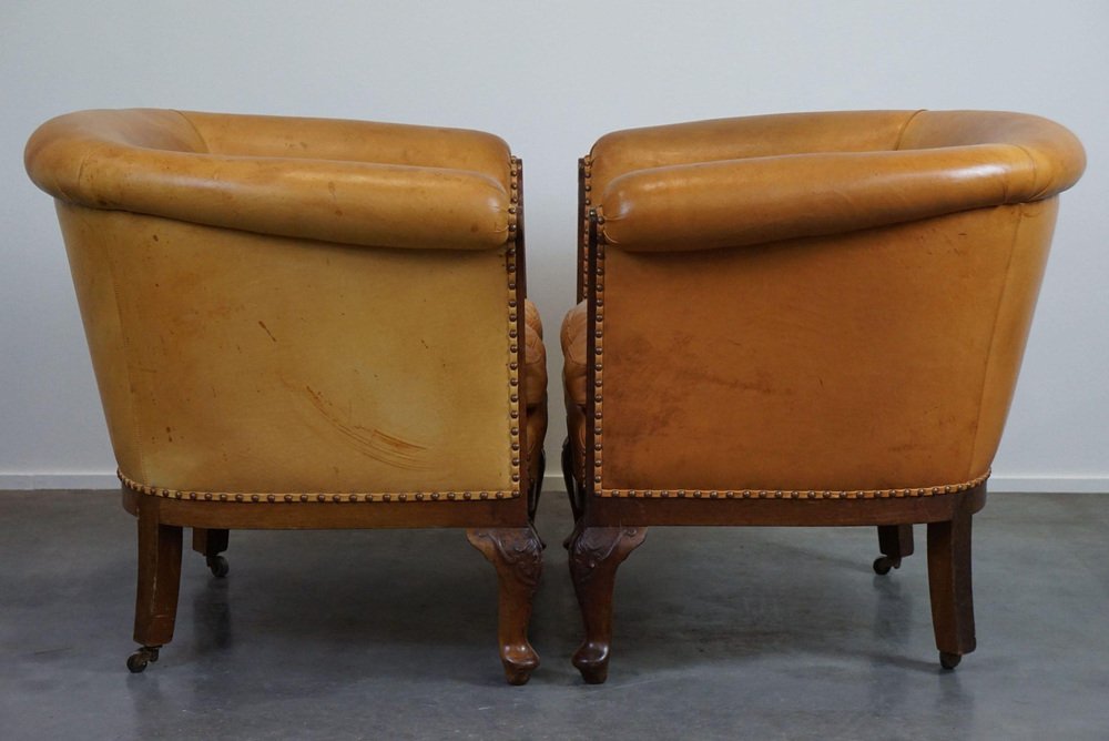 Club Armchairs and Sofa in Cognac Leather, Set of 3-HPP-1823352