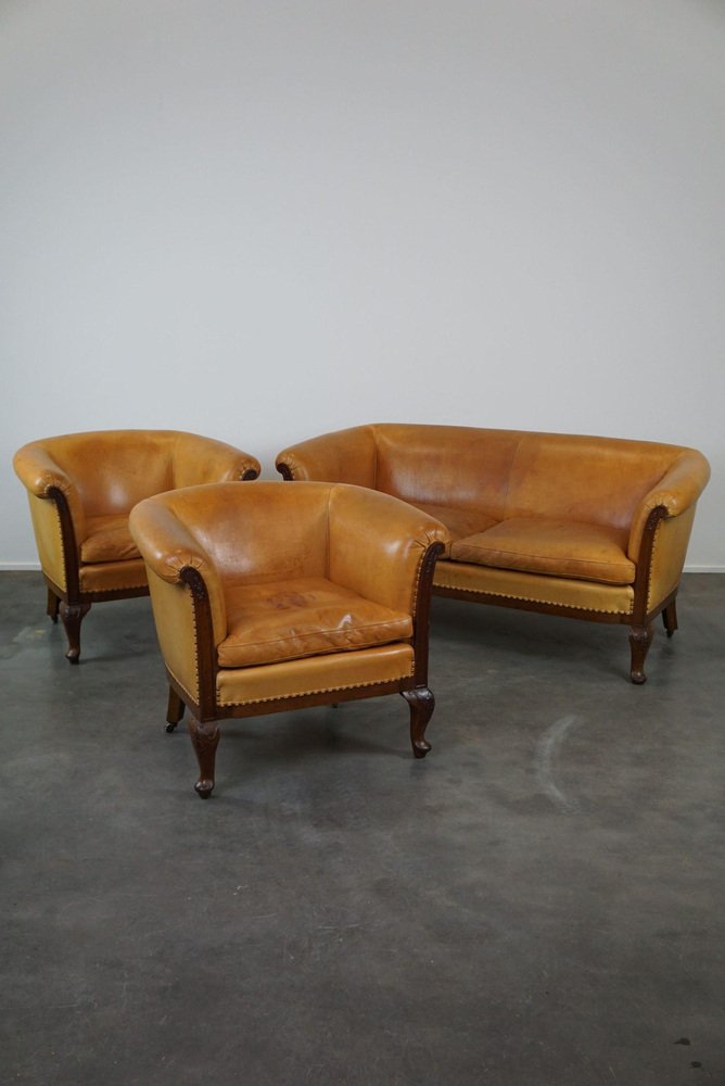 Club Armchairs and Sofa in Cognac Leather, Set of 3-HPP-1823352