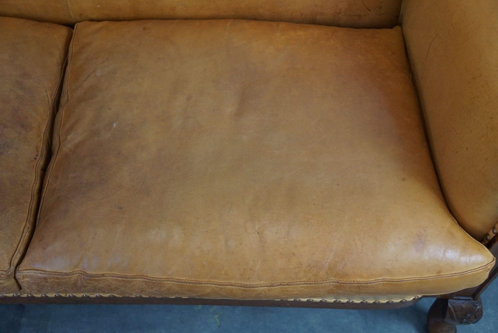 Club Armchairs and Sofa in Cognac Leather, Set of 3