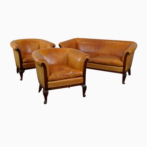 Club Armchairs and Sofa in Cognac Leather, Set of 3-HPP-1823352