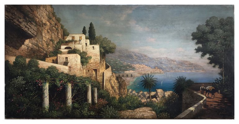 Coast Landscape Painting, Posillipo School, Italy, Oil on Canvas, Framed-YUW-1299403