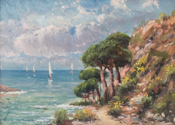 Coastal Landscape with Sailing Boats, Early 20th Century, Oil on Board, Framed-AOI-1106738