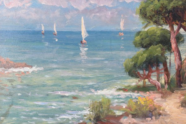 Coastal Landscape with Sailing Boats, Early 20th Century, Oil on Board, Framed-AOI-1106738