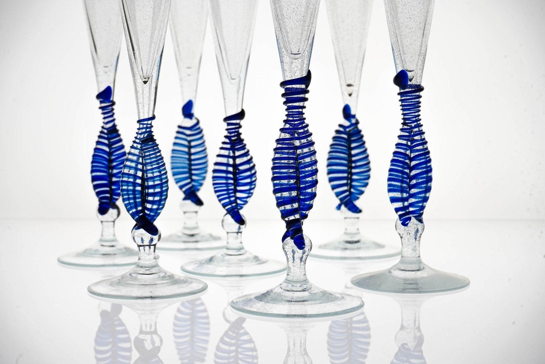 Cobalt and Pulegoso Murano Glass Ballerina Flutes from Cenedese, 1950s, Set of 7