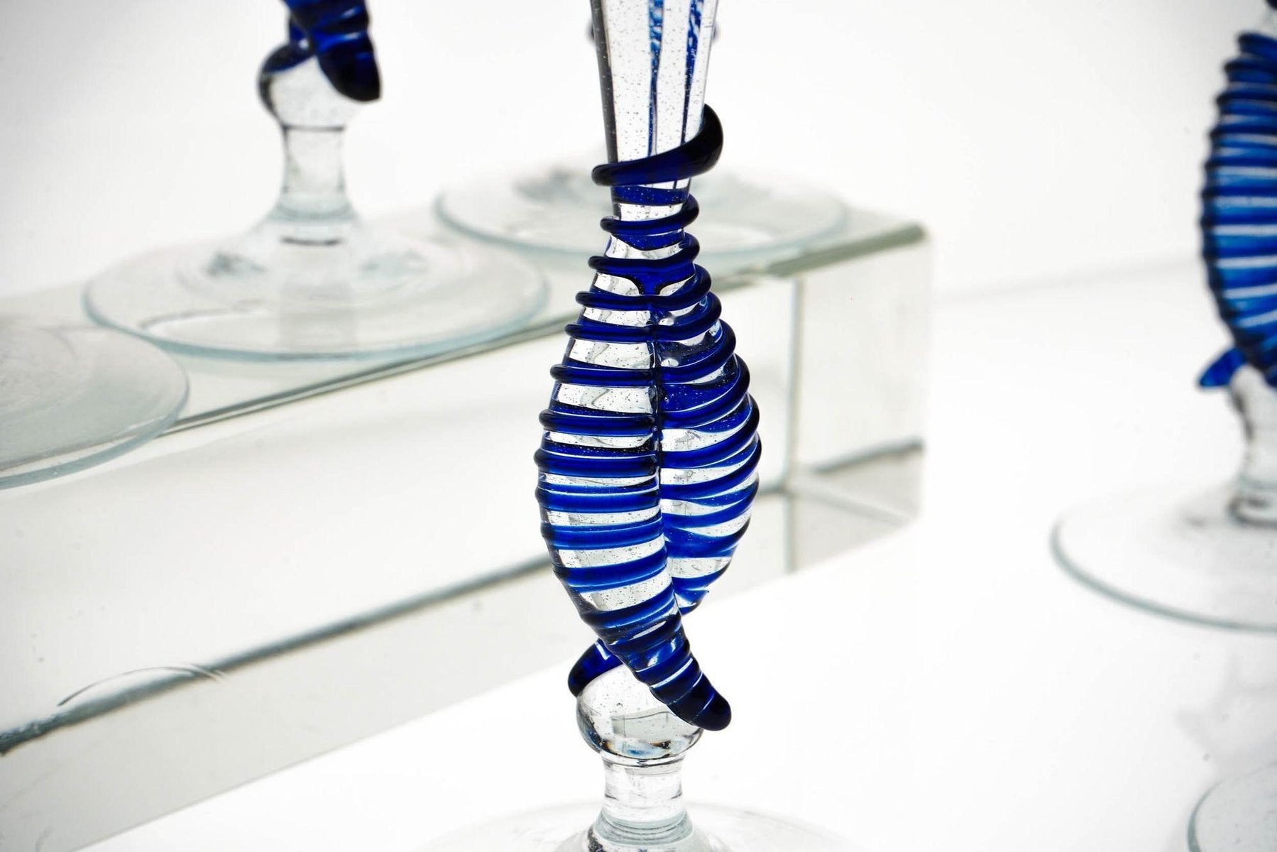 Cobalt and Pulegoso Murano Glass Ballerina Flutes from Cenedese, 1950s, Set of 7