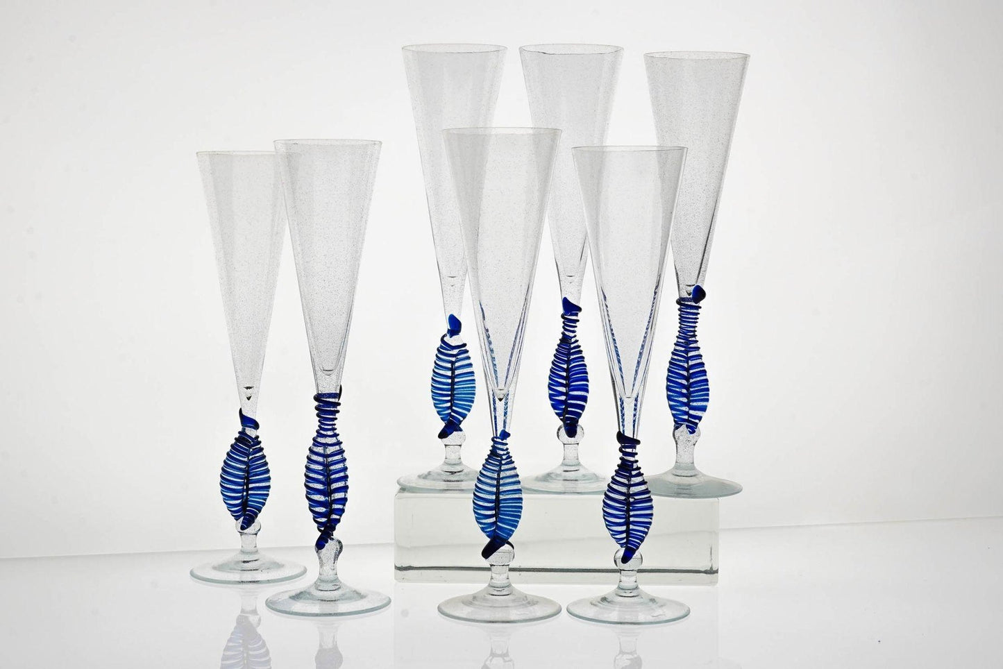 Cobalt and Pulegoso Murano Glass Ballerina Flutes from Cenedese, 1950s, Set of 7