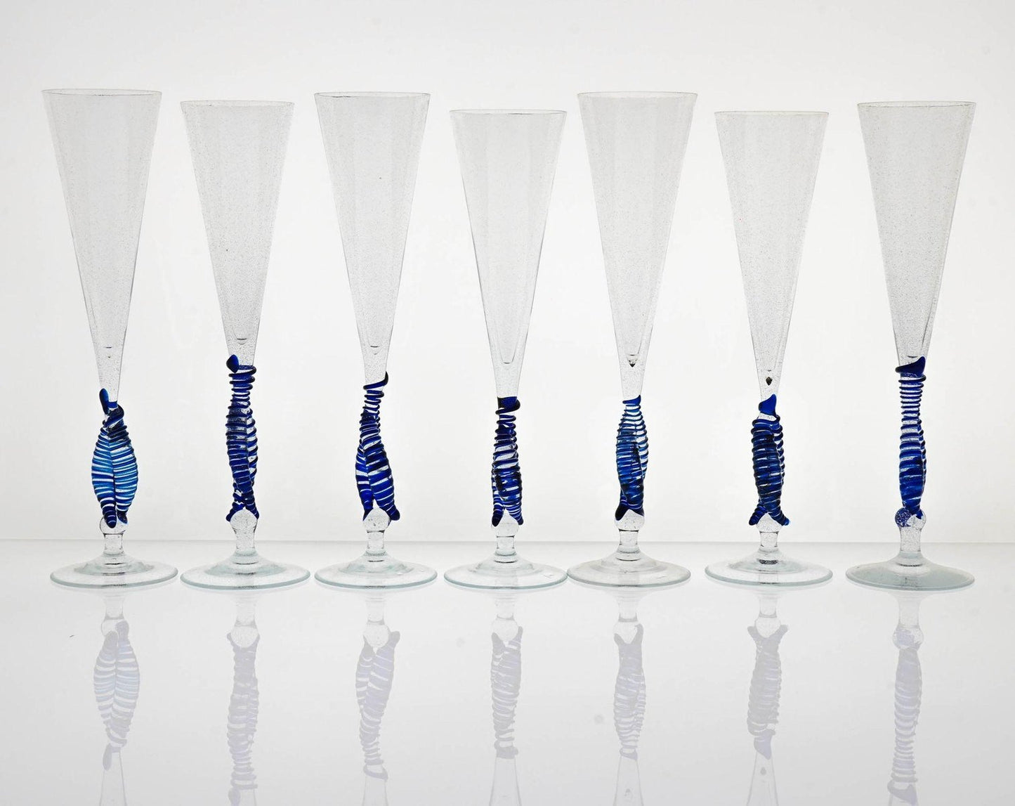 Cobalt and Pulegoso Murano Glass Ballerina Flutes from Cenedese, 1950s, Set of 7