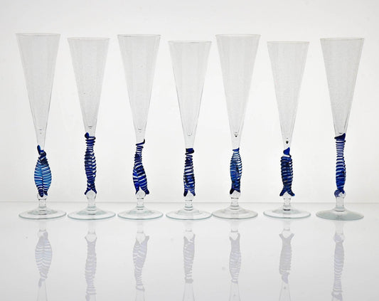 Cobalt and Pulegoso Murano Glass Ballerina Flutes from Cenedese, 1950s, Set of 7