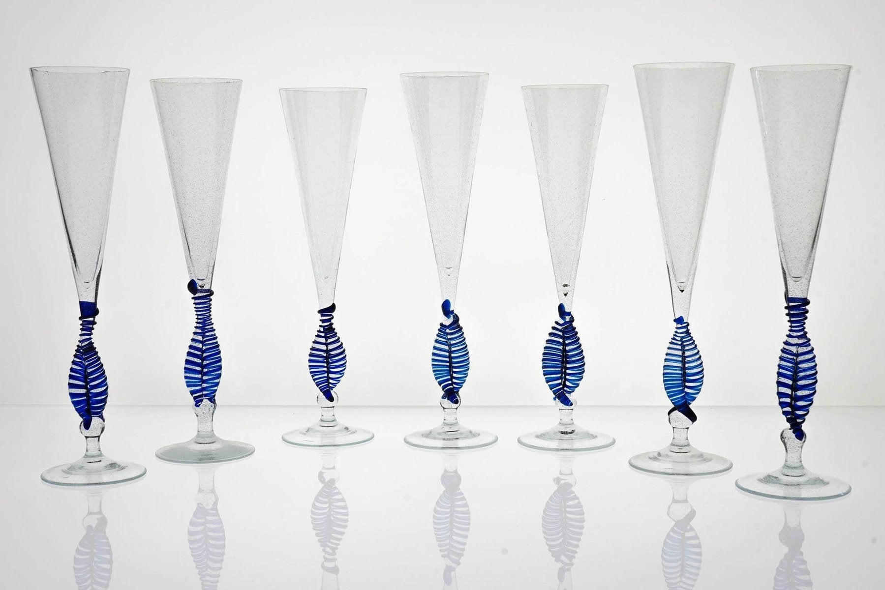 Cobalt and Pulegoso Murano Glass Ballerina Flutes from Cenedese, 1950s, Set of 7