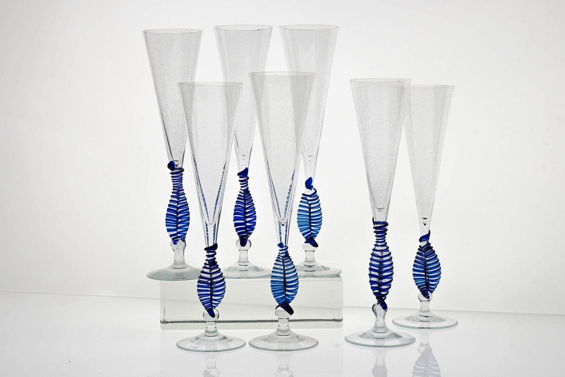 Cobalt and Pulegoso Murano Glass Ballerina Flutes from Cenedese, 1950s, Set of 7