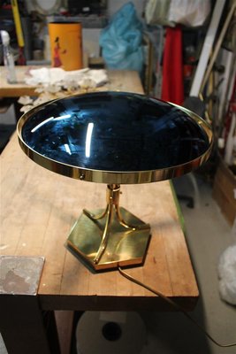 Cobalt Blue Concave Glass and Brass Table Lamp, 1950s-EH-1426489