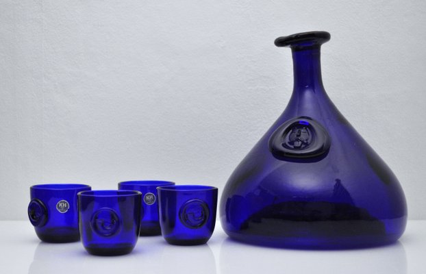 Cobalt Blue Viking Decanters and Cups by Ole Winther for Holmegaard Glasswork, 1962, Set of 5-HPQ-1181210