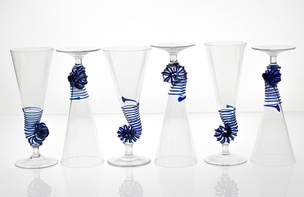 Cobalt Pulegoso Murano Glass Nautilus Flutes from Cenedese, 1950s, Set of 6