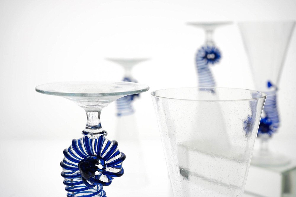 Cobalt Pulegoso Murano Glass Nautilus Flutes from Cenedese, 1950s, Set of 6