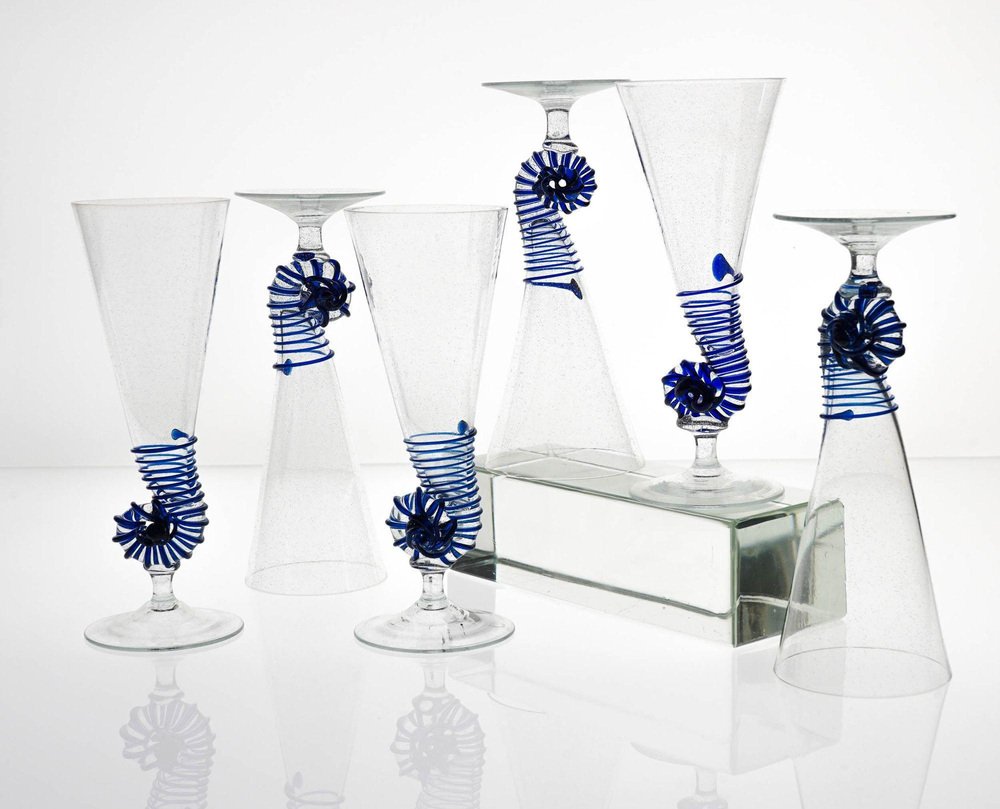 Cobalt Pulegoso Murano Glass Nautilus Flutes from Cenedese, 1950s, Set of 6