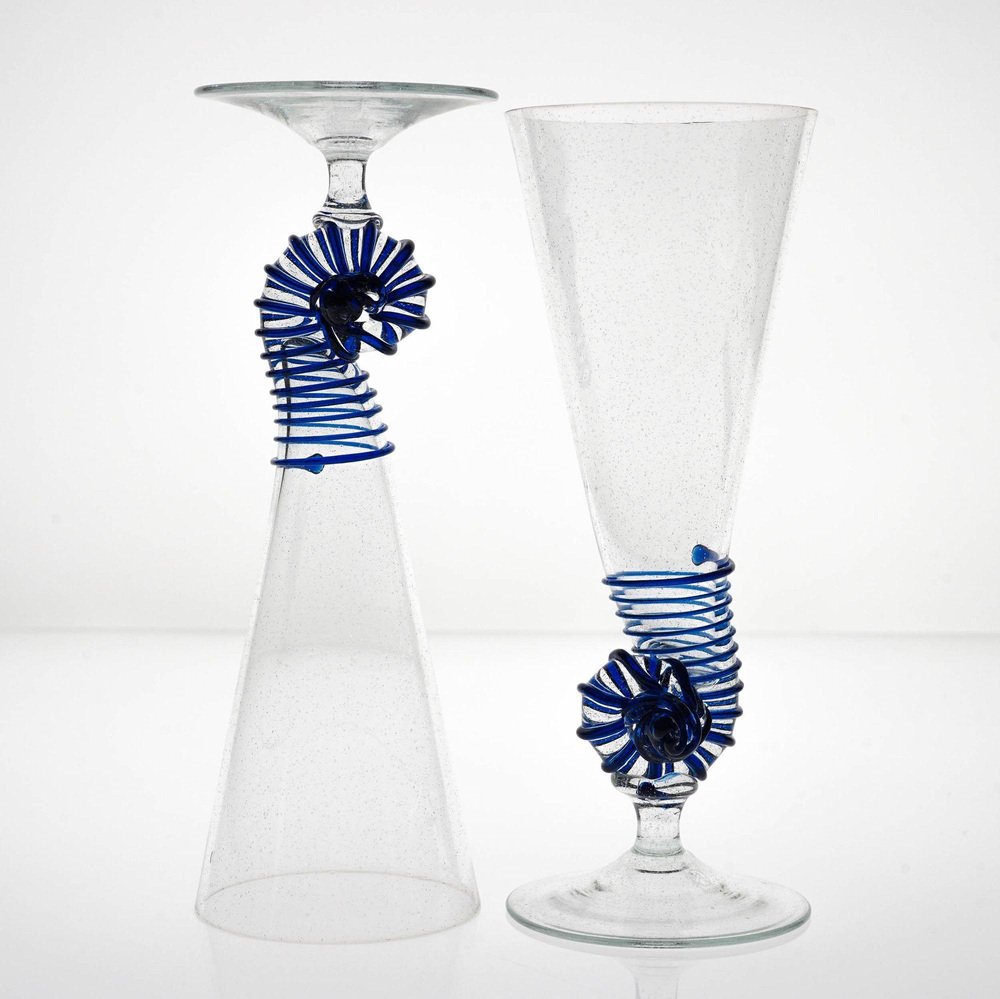 Cobalt Pulegoso Murano Glass Nautilus Flutes from Cenedese, 1950s, Set of 6