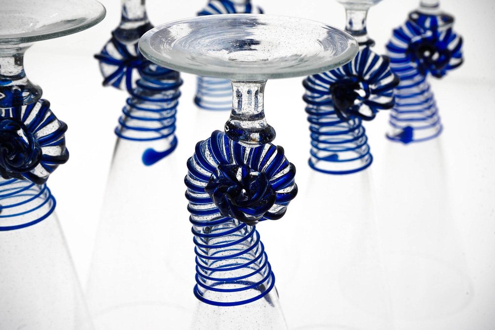 Cobalt Pulegoso Murano Glass Nautilus Flutes from Cenedese, 1950s, Set of 6