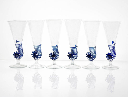 Cobalt Pulegoso Murano Glass Nautilus Flutes from Cenedese, 1950s, Set of 6