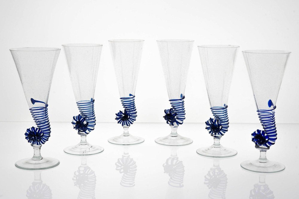 Cobalt Pulegoso Murano Glass Nautilus Flutes from Cenedese, 1950s, Set of 6