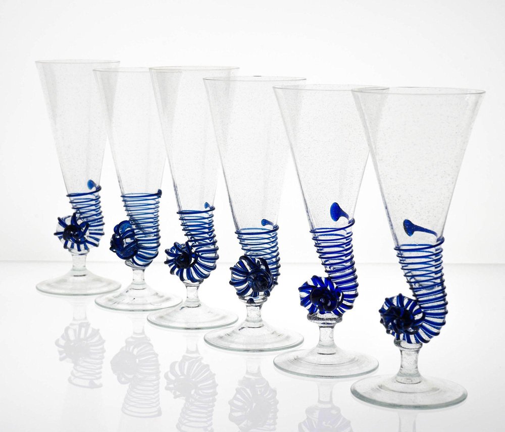 Cobalt Pulegoso Murano Glass Nautilus Flutes from Cenedese, 1950s, Set of 6