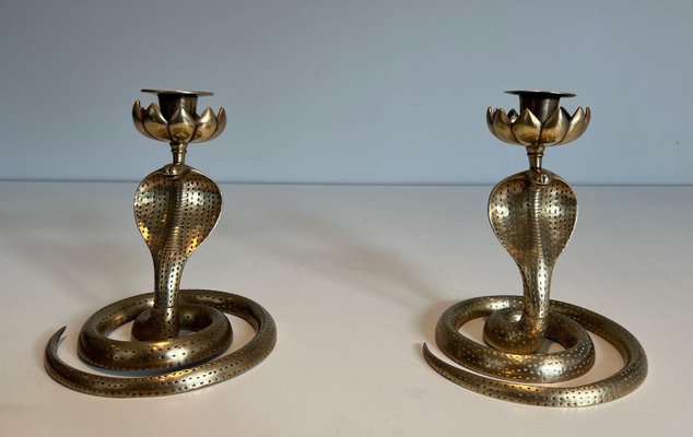 Cobras Candleholders in Chiseled Bronze, 1940s, Set of 2-BA-1706070