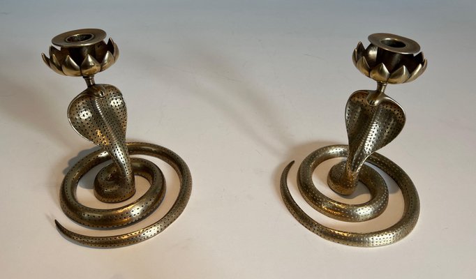 Cobras Candleholders in Chiseled Bronze, 1940s, Set of 2-BA-1706070