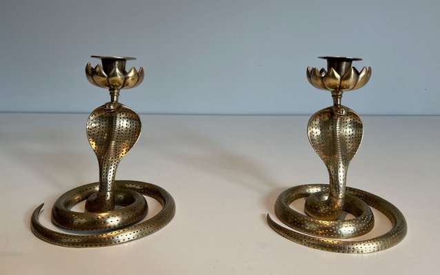 Cobras Candleholders in Chiseled Bronze, 1940s, Set of 2-BA-1706070