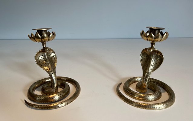 Cobras Candleholders in Chiseled Bronze, 1940s, Set of 2-BA-1706070