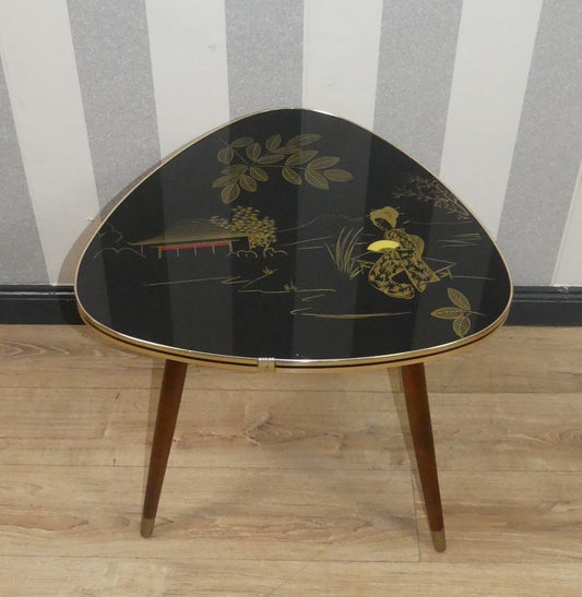 Cocktail Table Black Glass Top Gold Asia Kidney Table, 1950s