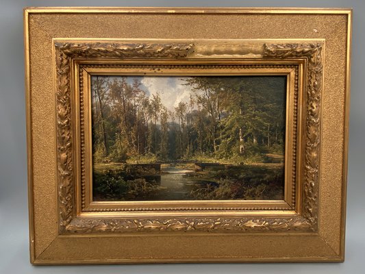 Cölestin Brügner, Miniature Park Bridge over Woodland Stream, 19th Century, Oil Painting, Framed-CZ-1773439