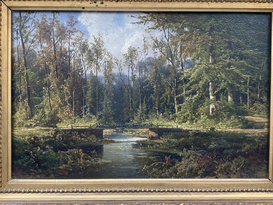 Cölestin Brügner, Miniature Park Bridge over Woodland Stream, 19th Century, Oil Painting, Framed-CZ-1773439