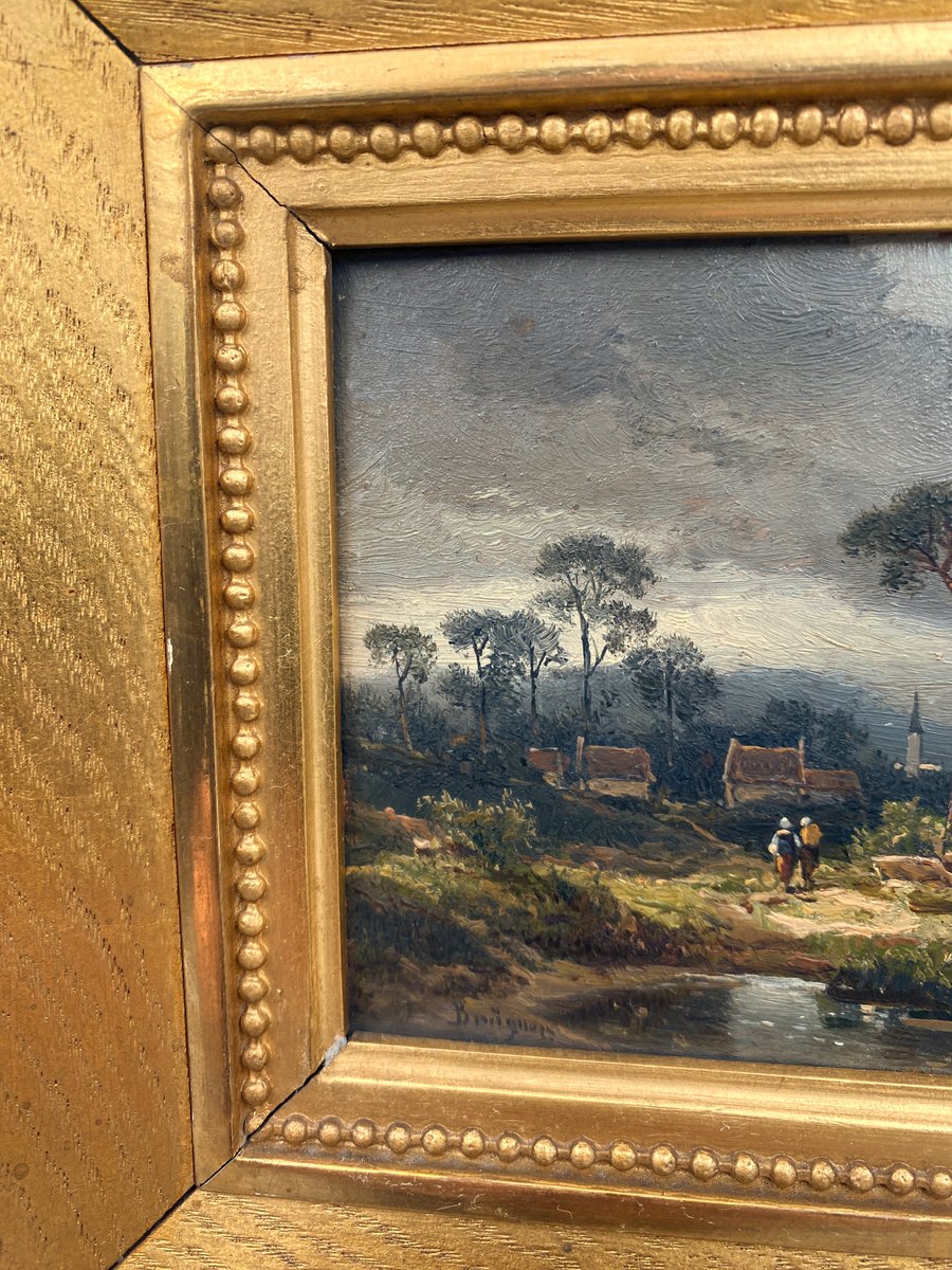 Cölestin Brügner, Pond with a Church Tower and a Couple, 19th Century, Oil Painting, Framed-CZ-1773457