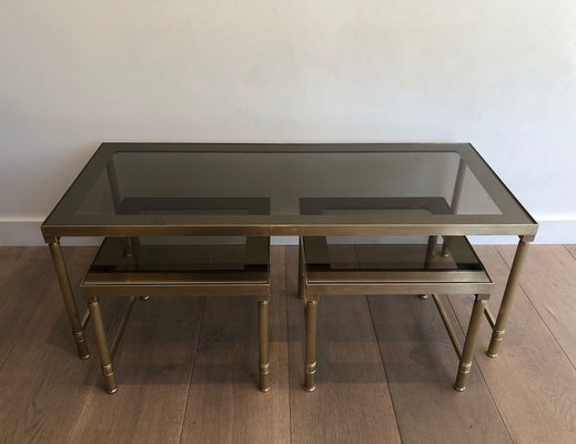 Coffee and Nesting Tables in Brass and Smoked Glass, Set of 3-BA-1346258