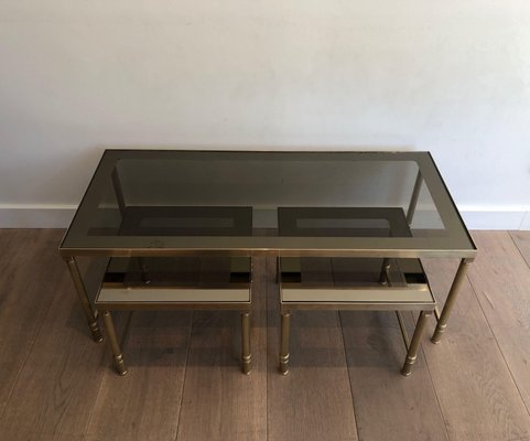 Coffee and Nesting Tables in Brass and Smoked Glass, Set of 3-BA-1346258