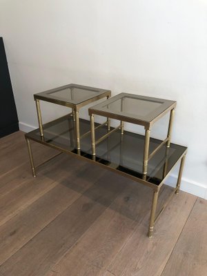 Coffee and Nesting Tables in Brass and Smoked Glass, Set of 3-BA-1346258