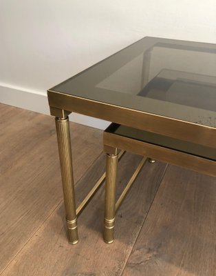 Coffee and Nesting Tables in Brass and Smoked Glass, Set of 3-BA-1346258