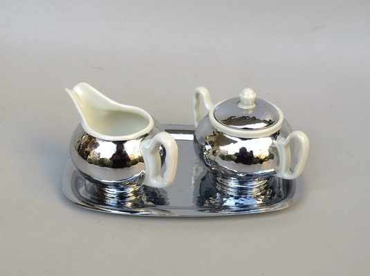 Coffee Making Set in Chrome-Plated Metal & Porcelain, 1950s, Set of 4-EY-1259343