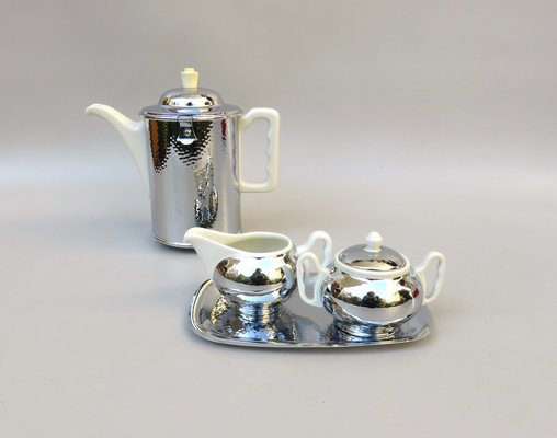 Coffee Making Set in Chrome-Plated Metal & Porcelain, 1950s, Set of 4-EY-1259343