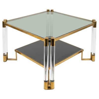 Coffee Table in Acrylic Glass, Brass, Ceramic and Smoked Glass in the style of Charles Hollis Jones, 1970s-LYQ-2027449