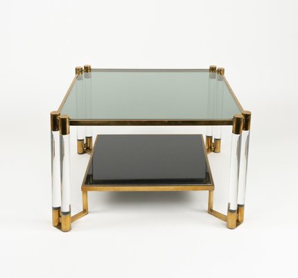 Coffee Table in Acrylic Glass, Brass, Ceramic and Smoked Glass in the style of Charles Hollis Jones, 1970s-LYQ-2027449