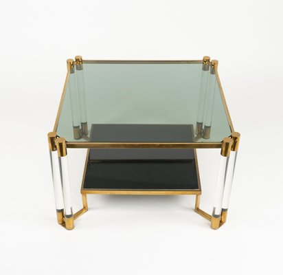 Coffee Table in Acrylic Glass, Brass, Ceramic and Smoked Glass in the style of Charles Hollis Jones, 1970s-LYQ-2027449