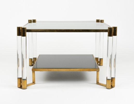 Coffee Table in Acrylic Glass, Brass, Ceramic and Smoked Glass in the style of Charles Hollis Jones, 1970s-LYQ-2027449